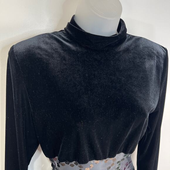 Vintage 80s Gantos Velvet Stretch Mini Dress Sequin Mesh Cut Out Midriff - Picture 2 of 7